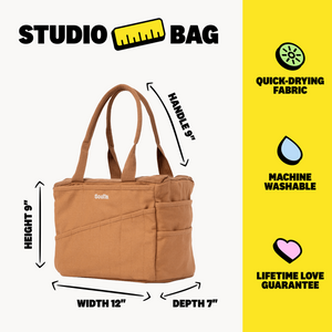 Brown tote bag with measurements and feature icons on a white background