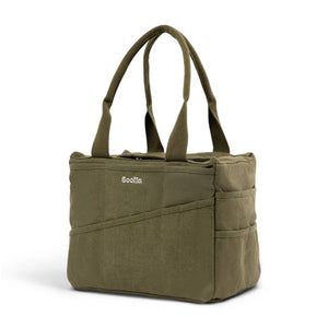 Green tote bag with multiple pockets and a visible brand logo on a white background