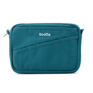 A teal blue fabric pouch with diagonal stitched compartments and the brand name 'Soolla' embroidered in white on the front, shown on a clean white background.