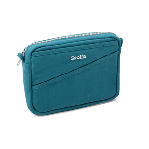 Teal pouch with a brand logo on a white background