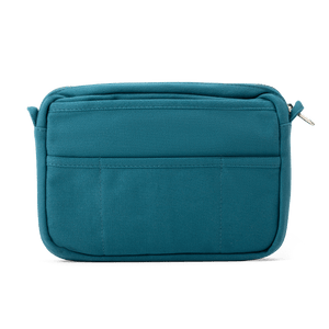 Teal travel pouch with a zipper on a white background