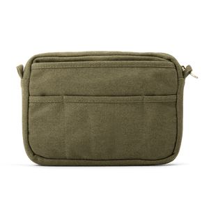 Green pouch with multiple compartments on a white background