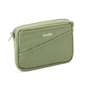 Green pouch with a diagonal zipper and 'Soolla' branding on a white background