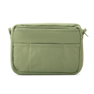 Green pouch with zippers on a white background
