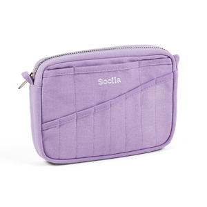 Purple pouch with 'Soolla' branding on a white background
