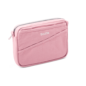 Pink travel pouch with a zipper on a black background