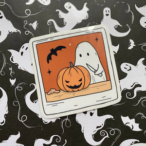 Illustration of a ghost with a pumpkin on a black background with ghost patterns