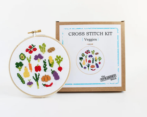 Veggies Cross Stitch Kit packaging and finished cross stitch against a white background.