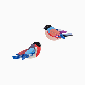 Two cardboard finch sculptures on a white background.