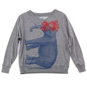 Gray sweatshirt with a blue elephant and red flowers design on a white background.