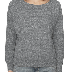Gray sweatshirt worn by a person on a white background.