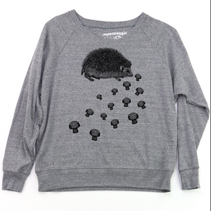 Gray sweatshirt with hedgehog and mushroom design on a white background