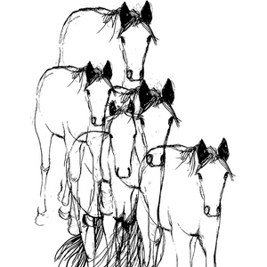 Black and white line drawing of three horses.