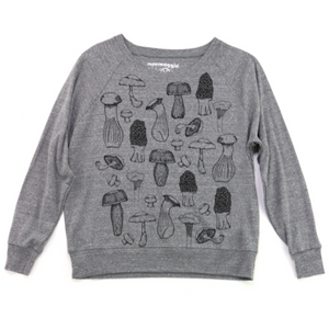 Gray sweatshirt with black mushroom illustrations on a white background.
