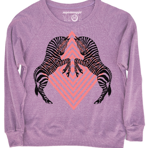 Purple sweatshirt with zebra design and 'supermaggie' branding on a white background.