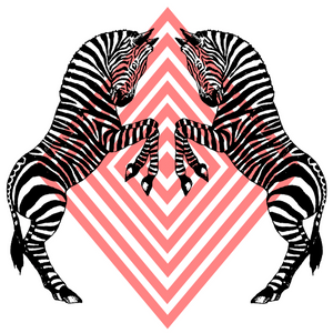 Two zebras facing each other with a pink and white geometric pattern between them on a white background.