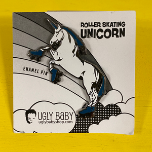 A unicorn wearing roller skates. She has an aqua mane, horn and roller skates. Shown against a bright yellow background.