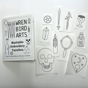 A collection of witchy-themed embroidery transfers from Wren Bird Arts