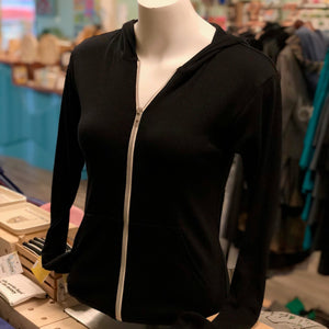 Black hooded sweatshirt with front zip. 
