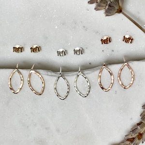 Buffy Stud Earrings - minimalist hammered marquise dagger post earrings - Foamy Wader