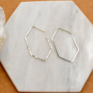 Buoy Hoop Earrings - handmade hammered elongated hexagon hoop earrings in 14k gold - Foamy Wader