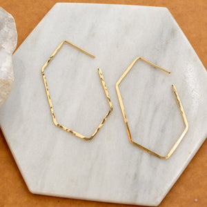 Buoy Hoop Earrings - handmade hammered elongated hexagon hoop earrings in 14k gold - Foamy Wader