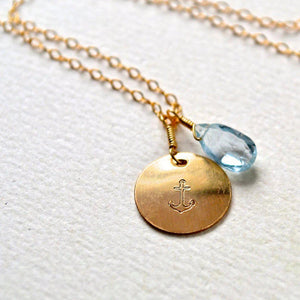 Anchor Necklace - handmade nautical anchor charm necklace with aquamarine - Foamy Wader