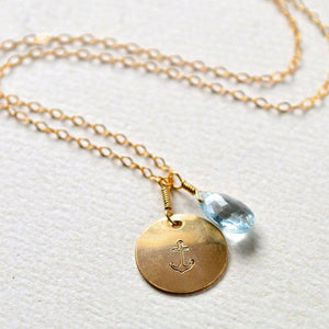 Anchor Necklace - handmade nautical anchor charm necklace with aquamarine - Foamy Wader