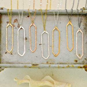 Boardwalk Necklace - hammered long hexagon silhouette pendant necklace - Foamy Wader