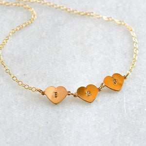Connected Hearts Necklace - handmade linked triple heart charm necklace with initials - Foamy Wader