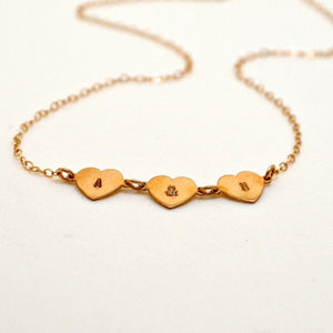 Connected Hearts Necklace - handmade linked triple heart charm necklace with initials - Foamy Wader