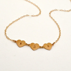 Connected Hearts Necklace - handmade linked triple heart charm necklace with initials - Foamy Wader
