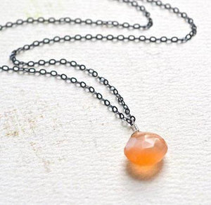 Dusk Necklace - peach moonstone gemstone solitaire necklace in 14k gold - Foamy Wader