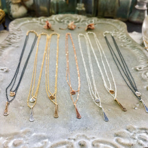 Oar Necklace - handmade double strand necklace with hammered circle and paddle charms - Foamy Wader