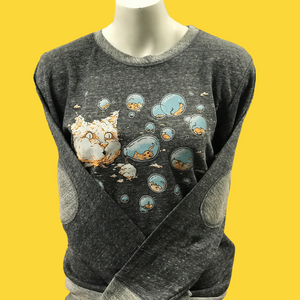 A fleece sweatshirt on a mannequin. It has a cloud cat screenprinted on the front. The cat is blowing bubbles and there are tiny kittens in the bubbles.