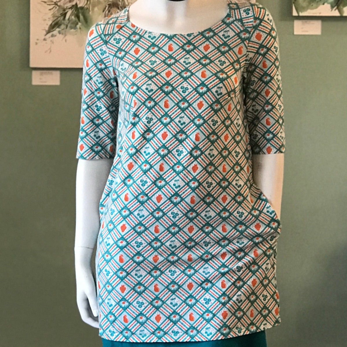 SALE Shirt: Fruit Picnic Print Pocket (Blue Platypus) Teal & Orange - Tunic