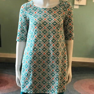 SALE Shirt: Fruit Picnic Print Pocket Tunic - Teal & Orange