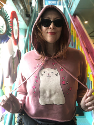 Cropped Hoodie Sweatshirt - Ghost Kitty