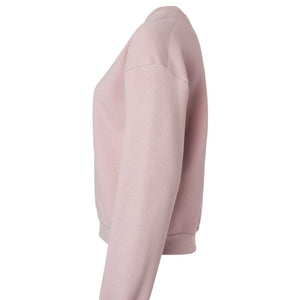 Side view of blush pink sweatshirt on a white background. 