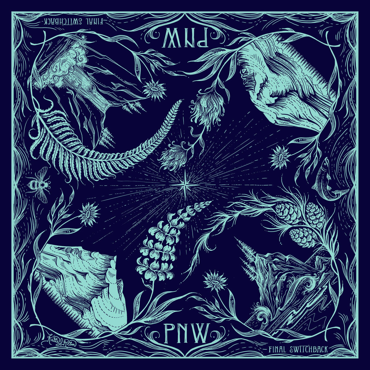 Decorative design with floral and nature elements on a dark blue background. 