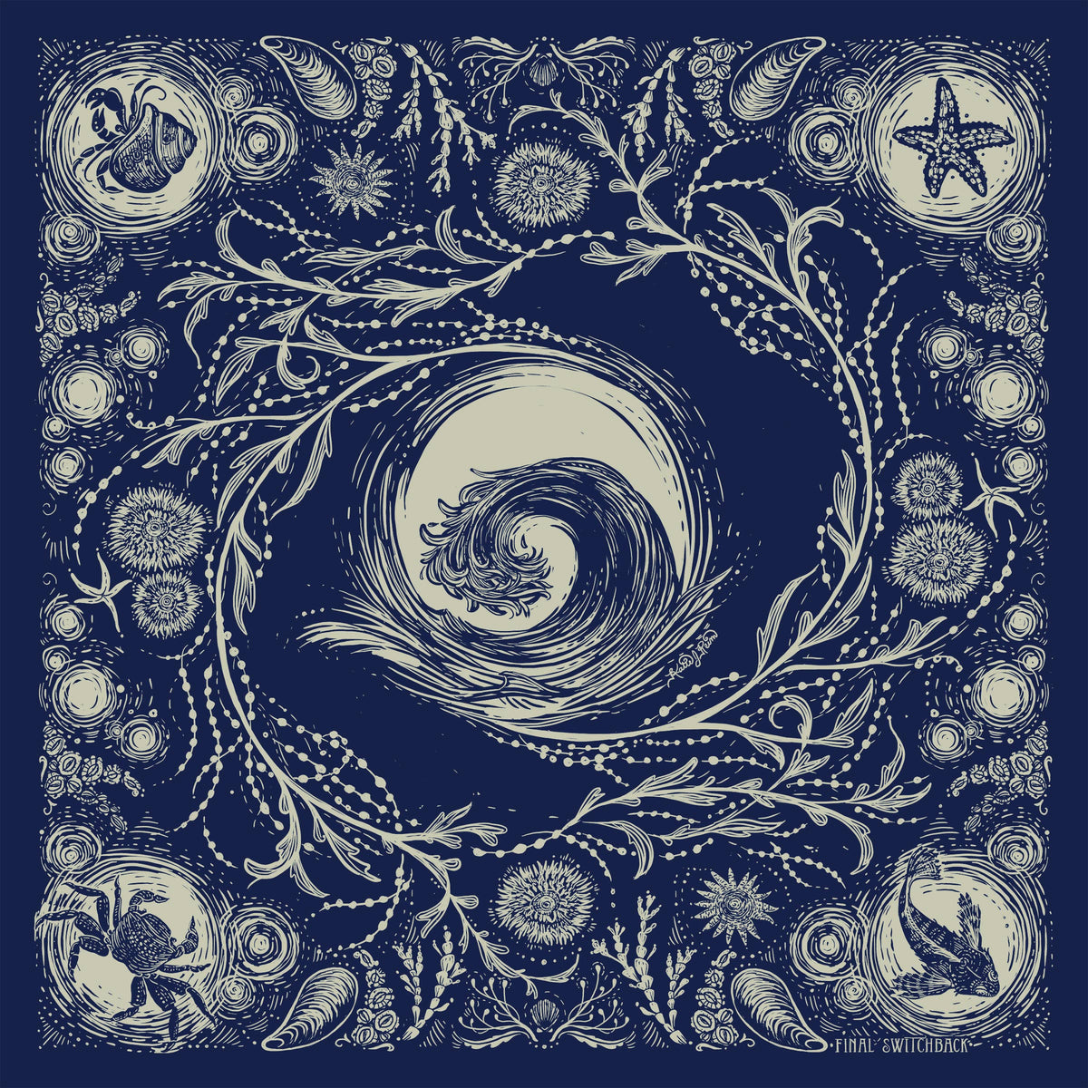 Decorative design with swirling pattern and botanical elements on a dark blue background. 
