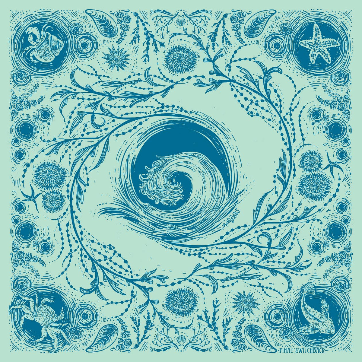 Decorative design with swirling pattern and sea-themed illustrations on a light aqua background. 