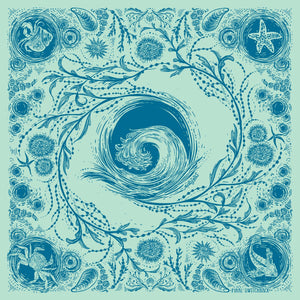 Decorative design with swirling pattern and sea-themed illustrations on a light aqua background. 