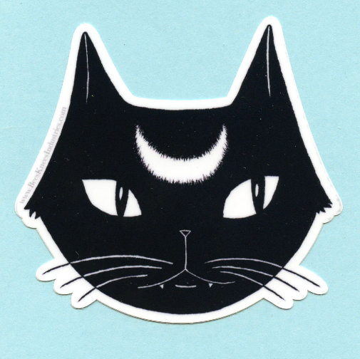 A sticker of a black cat with a white half moon shape on its forehead against a blue background. 