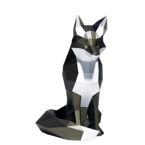 An example of a completed black fox paper craft kit against a white background.
