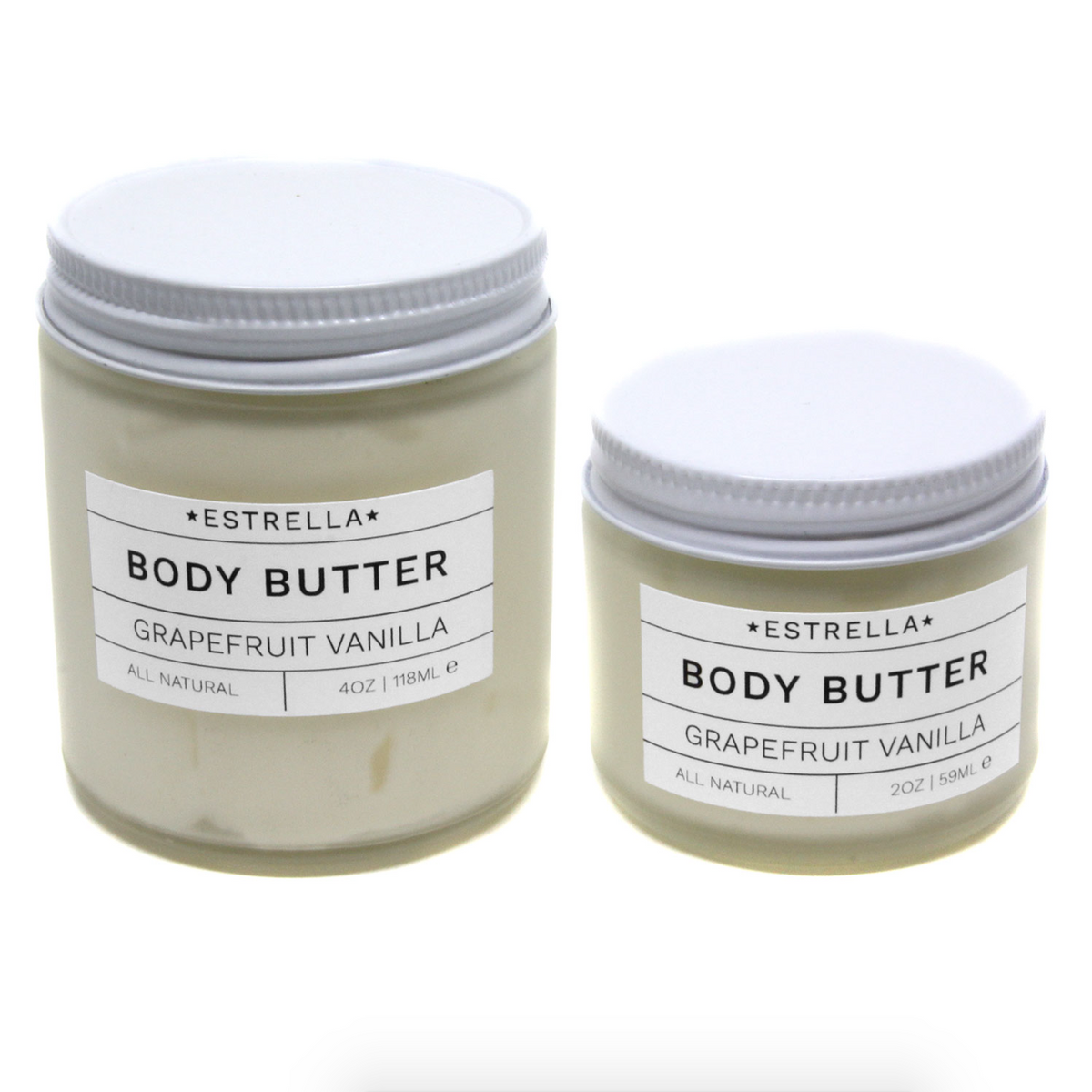 Two jars of Estrella Body Butter with Grapefruit Vanilla scent on a white background.