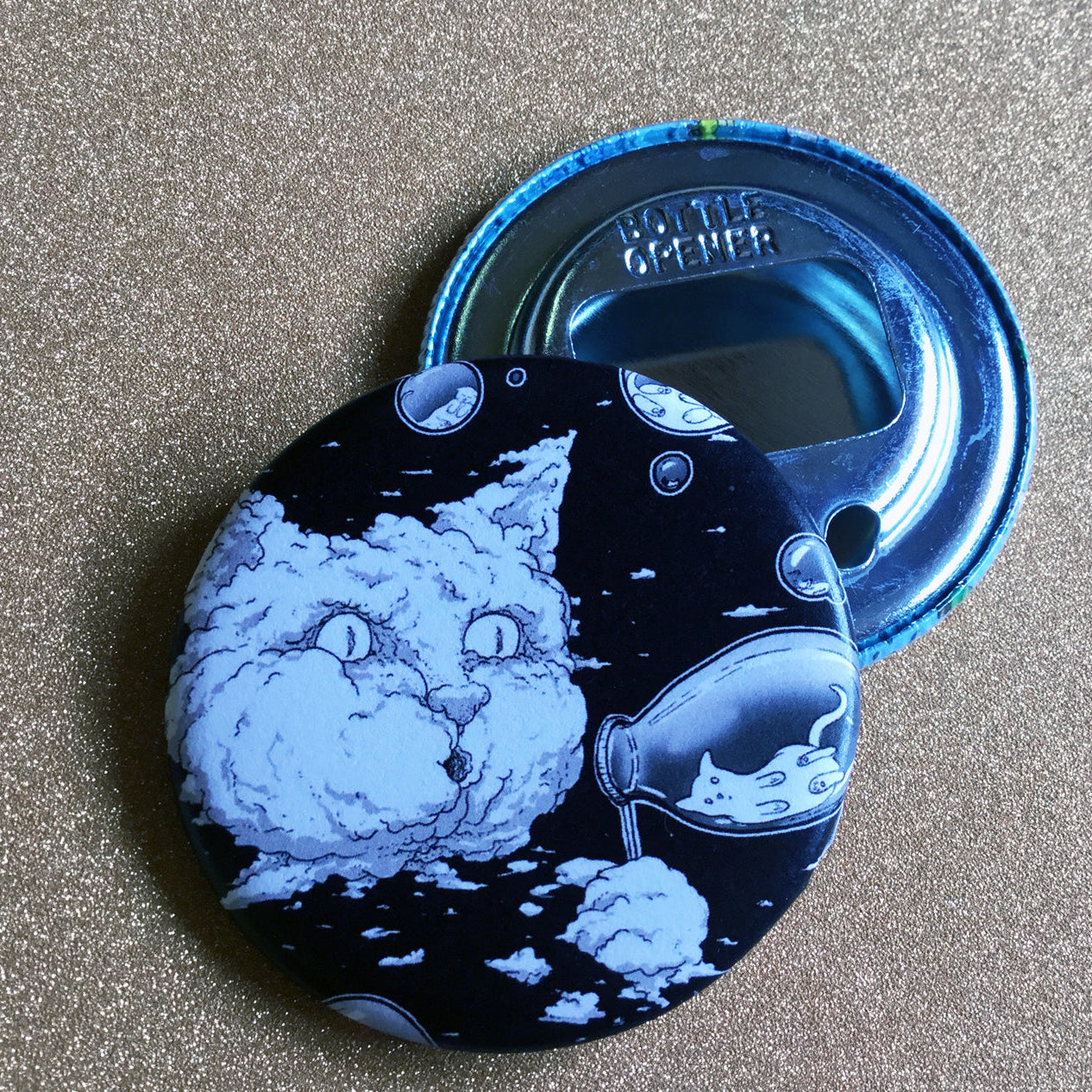 Bottler Opener with our Bubble Cat design in black and white. 