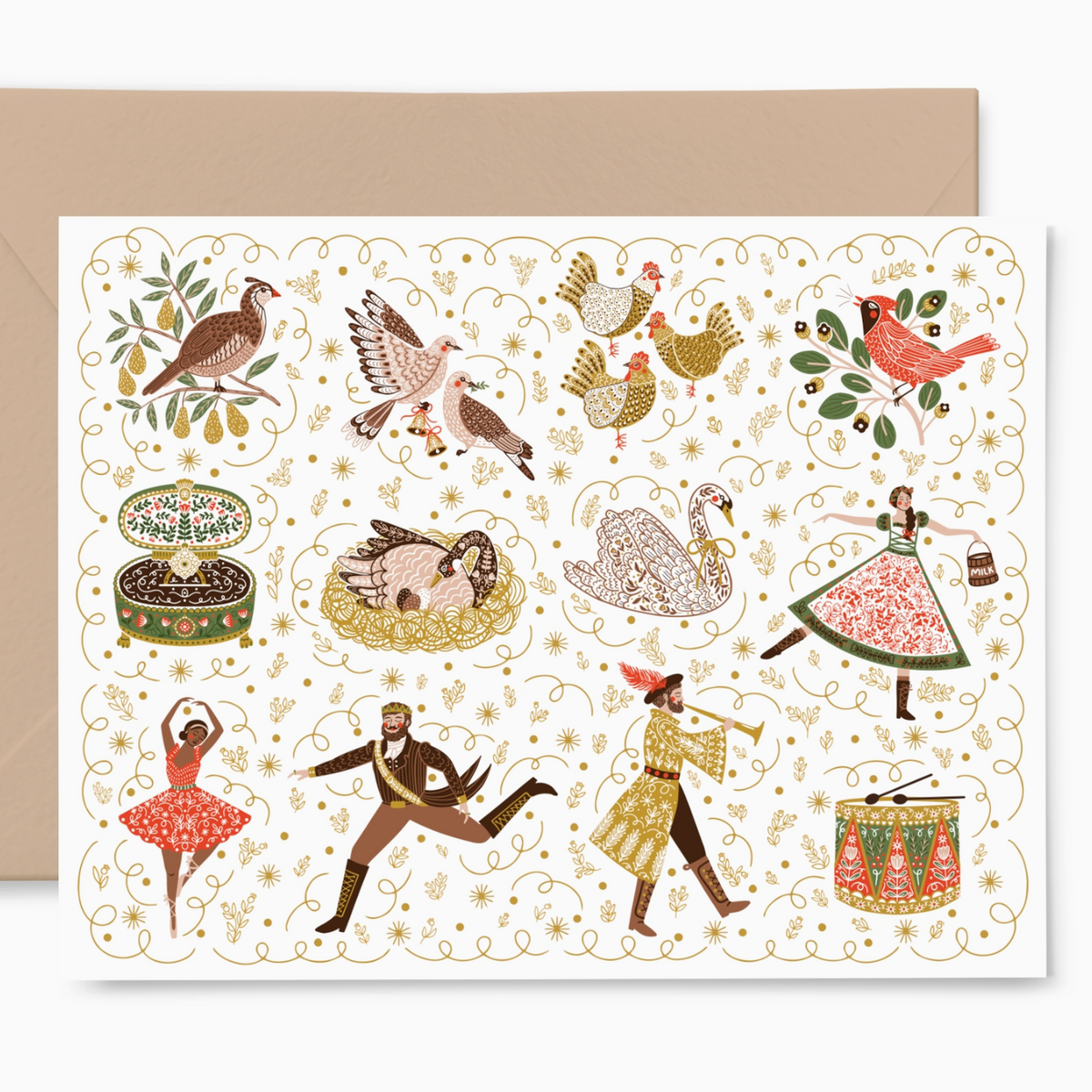 Decorative holiday greeting card with illustrations of people and birds on a white background. 