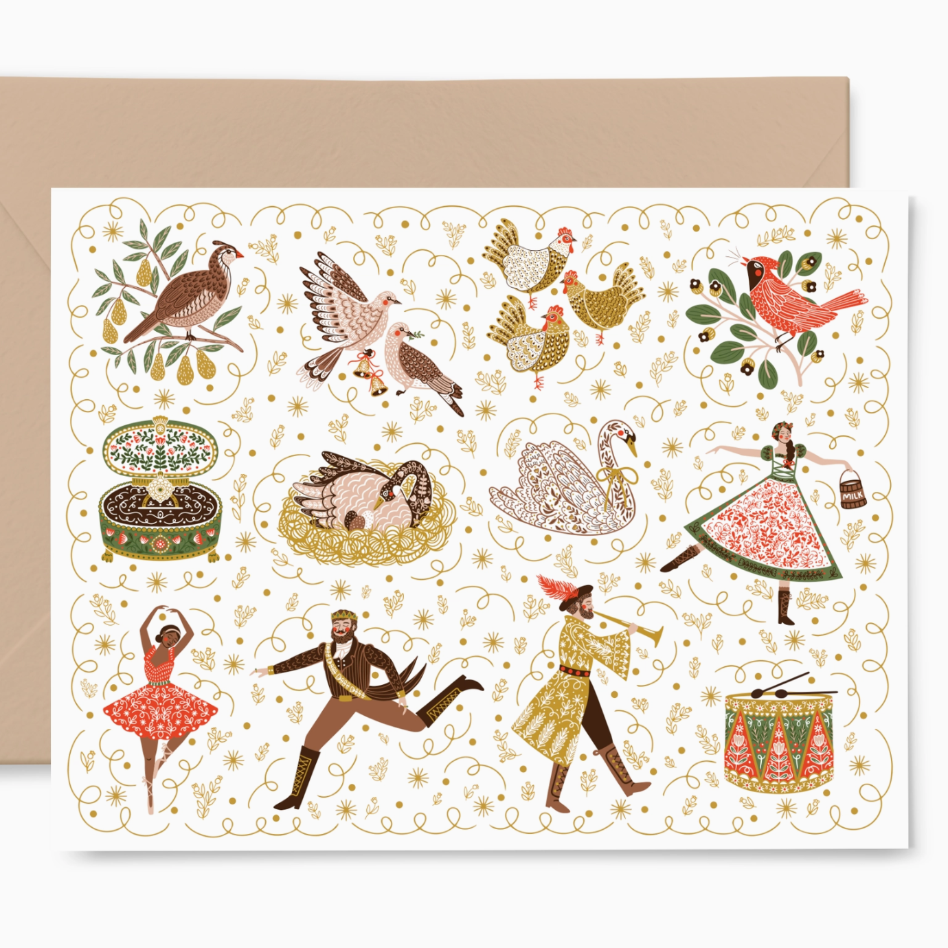 Decorative holiday greeting card with illustrations of people and birds on a white background. 