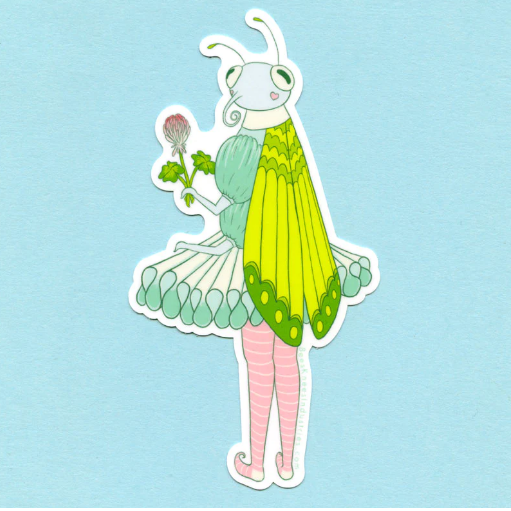 A sticker of a butterfly wearing striped tights and a tutu and holding a clover flower.